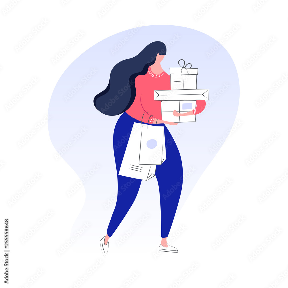 Φωτογραφία Girl shopping, character carrying shopping bags with purchases, big discount, Sale, Purchasing of goods and gifts concept