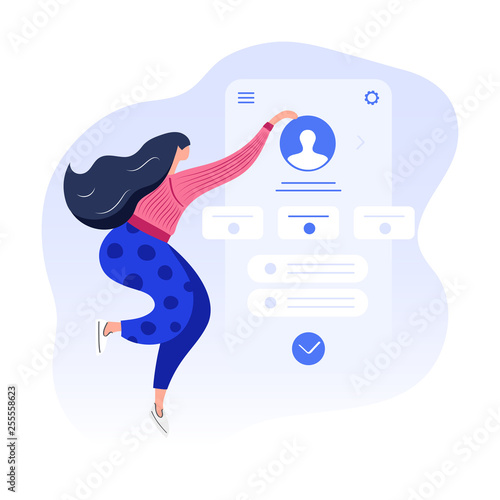 Customer profile account in a mobile application, digital marketing, user overview, data analysis, office work under dashboard. Flat modern vector illustration on white background for landing page.