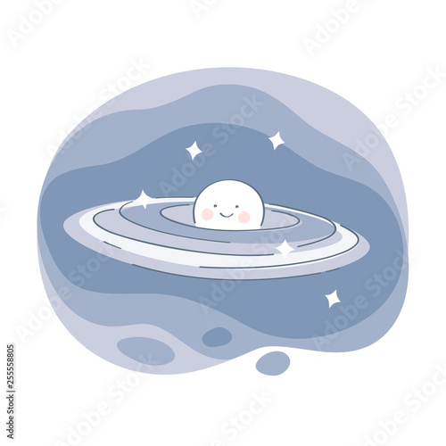 Planet Saturn with planetary ring system in space icon. 404 not found page, 404 error, file not found. Cute funny lonely planet. Flat modern astronomy vector illustration on white