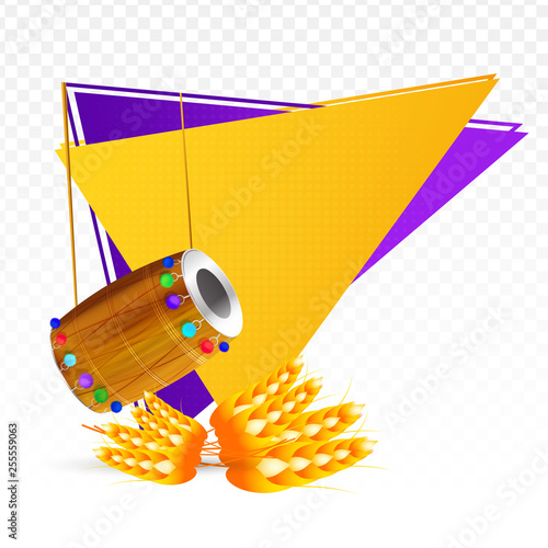 Decorative banner of punjabi festival, drum and wheat on triangle design png background.