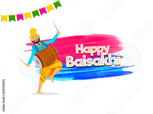 Happy Baisakhi poster or banner design with cute drummer playing drum for celebration of festival.