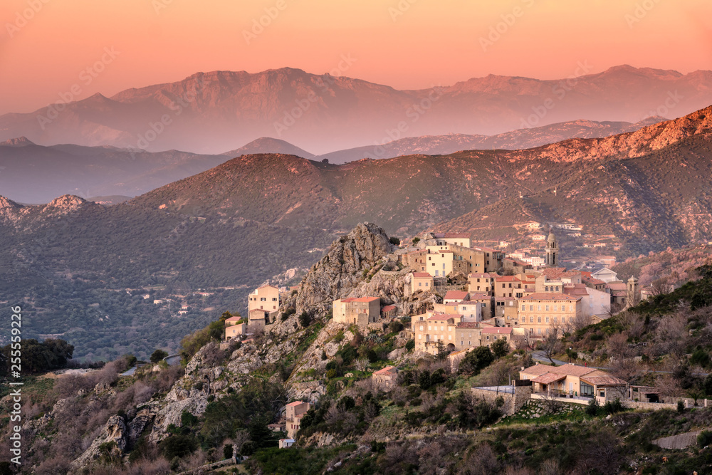 Mountain village of Speloncato in Corsica at sunset