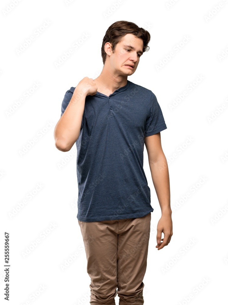 Teenager man with tired and sick expression over isolated white background Teenager man with tired and sick expression over isolated white background