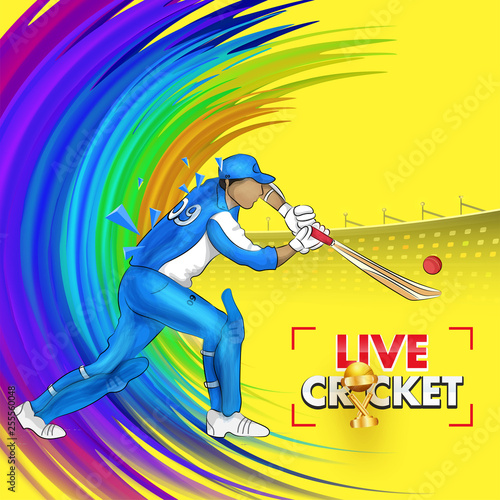 Live cricket poster or flyer design with illustration of cricket batsman hitting ball pose on paint stroke background.