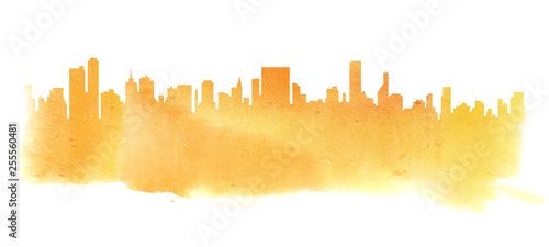 Modern cityscape yellow orange watercolor silhouette drawing.
