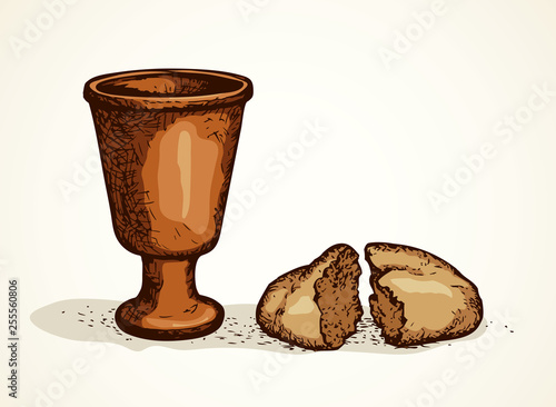 Vector symbols of Communion. Broken bread and wine in bowl