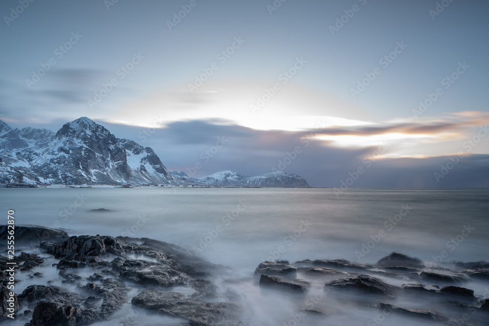 Beautiful rocky Vareid beach, Flakstadøya, Lofoten Islands, Norway