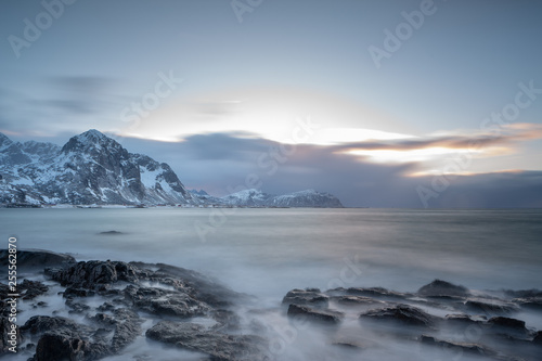 Beautiful rocky Vareid beach, Flakstadøya, Lofoten Islands, Norway © toranote