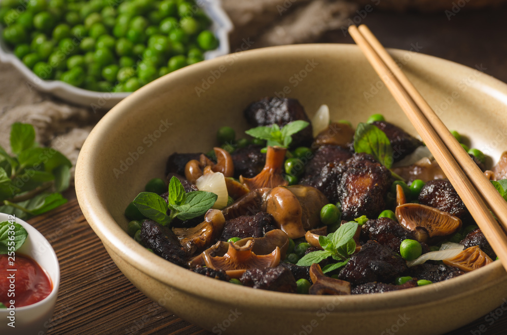 Homemade thai meat with forest mushrooms Homemade thai meat with forest mushrooms