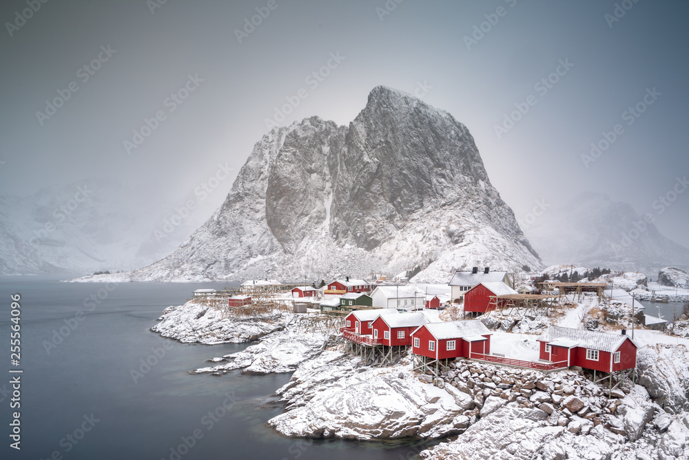 Beautiful traditional fishing red rorbuer huts in Hamnoy village, Lofoten Islands, Norway, Scandinavia