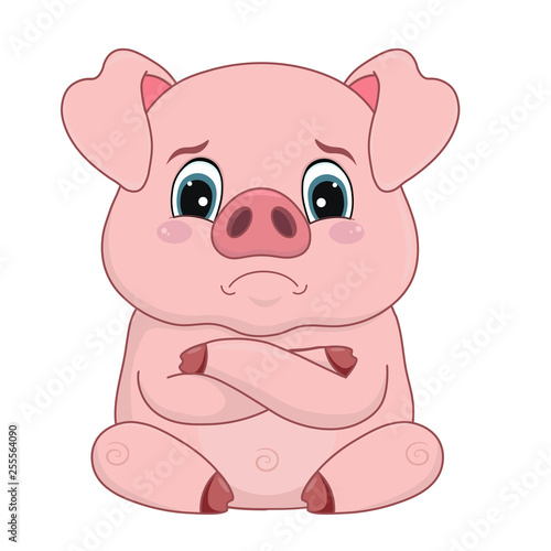 Cartoon pig with offended upset face, emotion, design element.