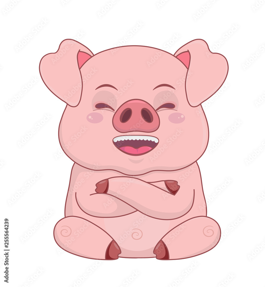 Piggy laughing, cartoon postcard sticker, design element isolated on white. Piggy laughing, cartoon postcard sticker, design element isolated on white.