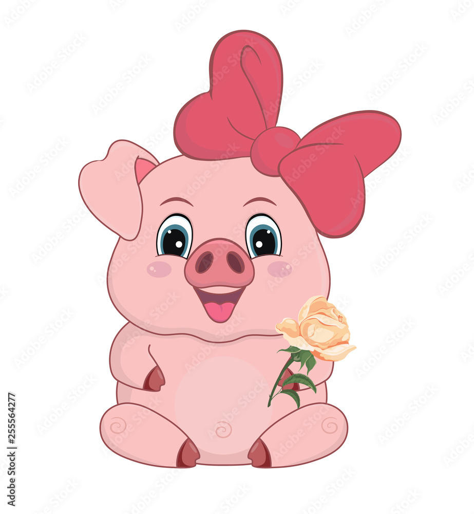 Cartoon, cute pig with flower isolated on white background-vector Cartoon, cute pig with flower isolated on white background-vector
