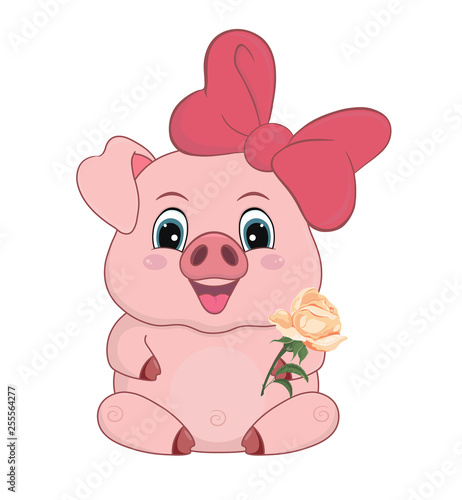Cartoon  cute pig with flower isolated on white background-vector