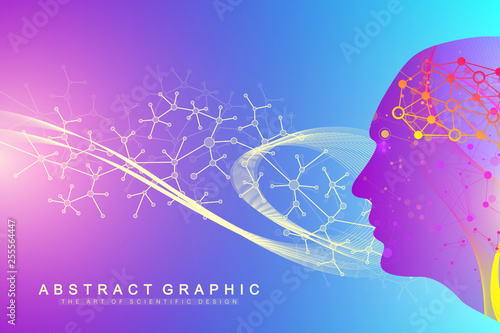 Scientific vector illustration genetic engineering and gene manipulation concept. DNA helix, DNA strand, molecule or atom, neurons. Abstract structure for Science or medical background. Wave flow