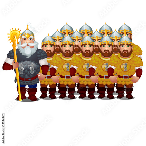 Commander with army of epic heroes of Russian folklore and folk tales isolated on white background. Vector cartoon close-up illustration.