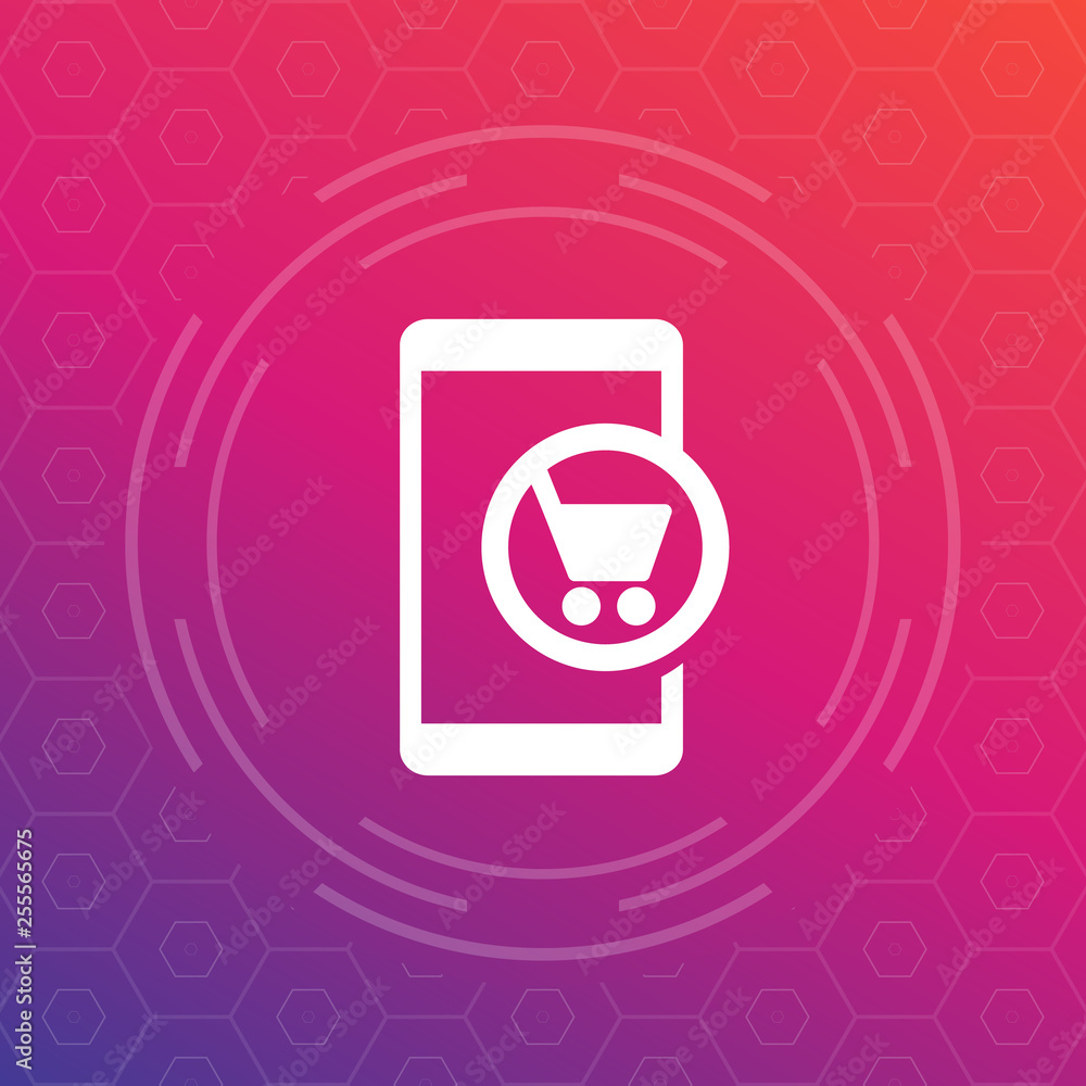 Mobile shopping, smartphone with cart vector icon