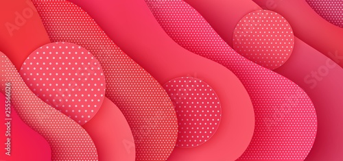 Abstract paper background with round shapes, polka dot waves in the color of the living coral.