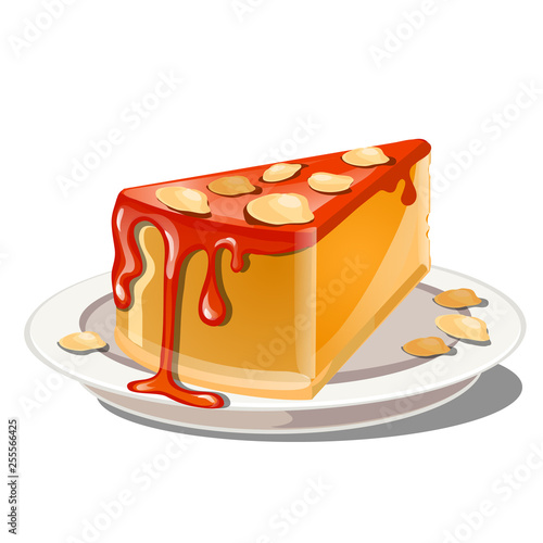 A slice of pumpkin pudding or cheesecake with red topping and crumble nut cereal isolated on a white background. Illustration for a recipe book of tasty and healthy food. Cartoon vector close-up.