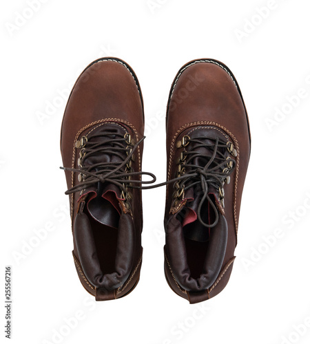 Men’s ankle boot with brown genuine leather isolated on a white background. Clipping path