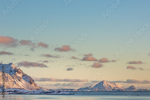 Beautiful view at a river near Vestpollen during a fantastic sunset. Lofoten Islands,  Norway, Scandinavia © toranote