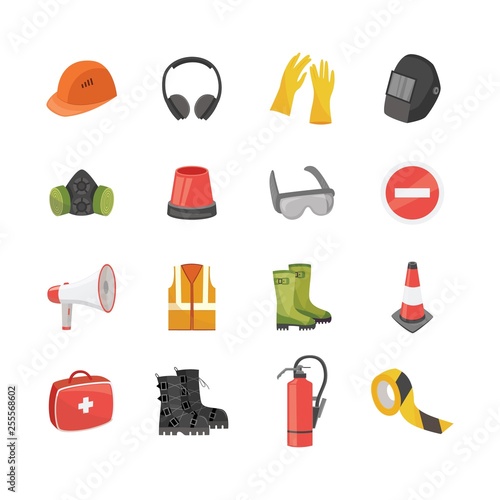 Icons set of safety equipment for work and protective clothing in flat cartoon style.
