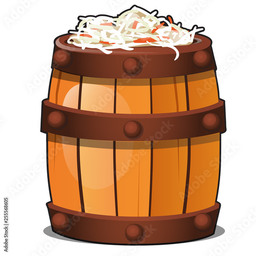 Wooden barrel filled with fermented vegetarian sauerkraut isolated on white background. Traditional old rural Russian marinated food. Vector cartoon close-up illustration.