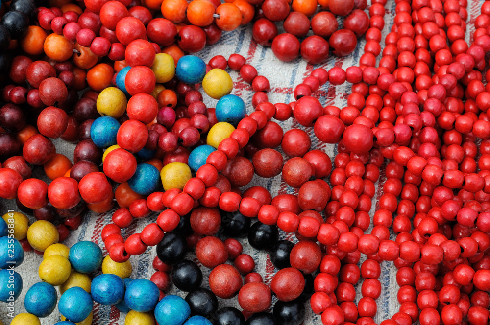 close-up of traditional colorful ukrainian wooden beads close-up of traditional colorful ukrainian wooden beads