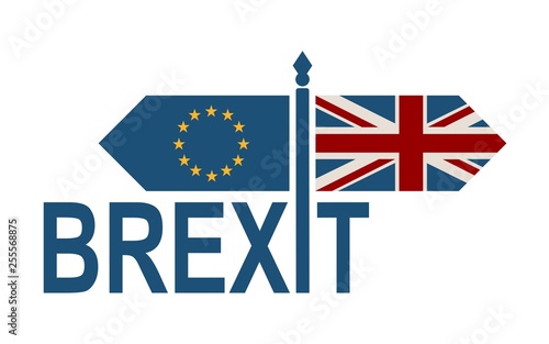 Image relative to politic situation between great britain and european union. Politic process named as brexit. National flags on destination arrow road. Brexit text