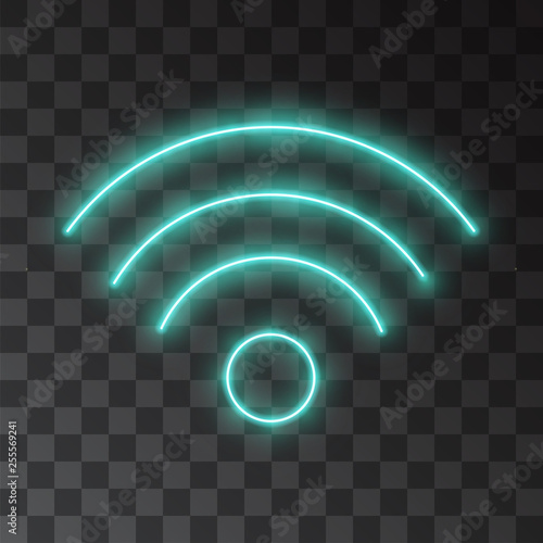 Wi-fi neon light sign effect isolated on transparent background. Data wireless transmission zone. Illuminated icon vector. Blue glow network logo. Free internet spot. Silhouette glow drawing.