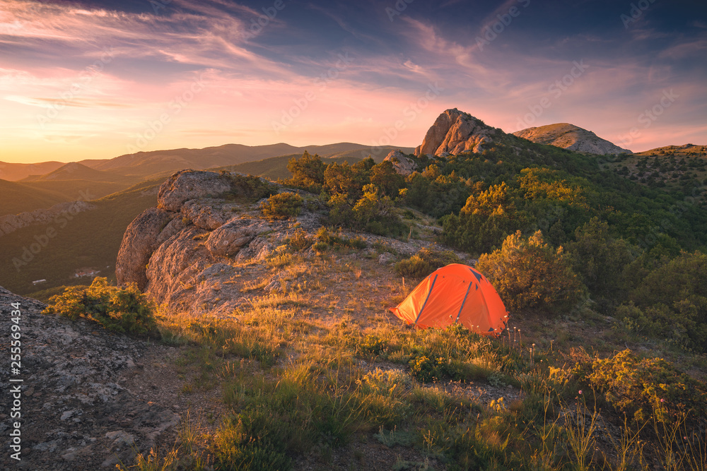 Camping tent in a sunset light