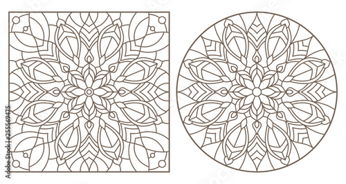 Set of contour illustrations with abstract floral patterns, round and square image, dark contours on white background