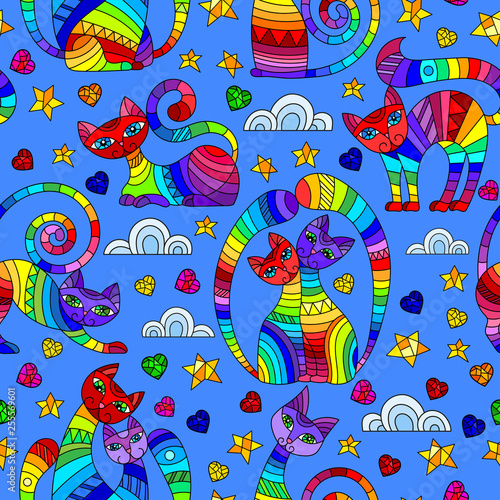 Seamless pattern with bright abstract cats, stars and hearts, color drawings on blue background