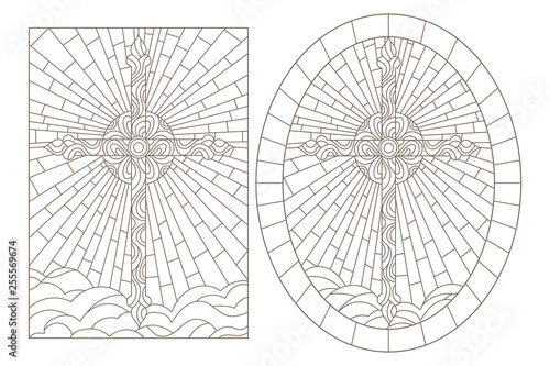 Set contour illustrations of stained glasses with Christian cross, oval and rectangular image
