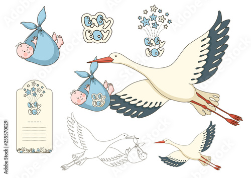 The fun isolated flying stork with a cute smiling newborn boy in blue bundle in stork`s pecker, isolated baby boy in bundle, color stork, contor stork, lettering, label on white. Vector background. 