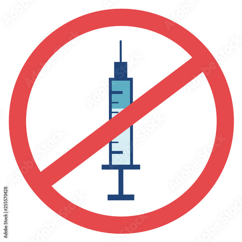 Drug injection / syringe with vaccination is probibited, forbidden, banned. Refusal to vaccinate or drug abuse. Vector illustration