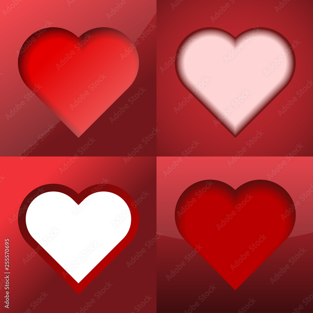 Set of hearts with shadows on red background