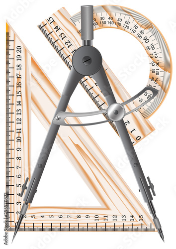 Metal compass for use in drawing works and geometry lessons, schoolchildren and students in educational institutions. Triangle, compass, protractor - a set of pupils.