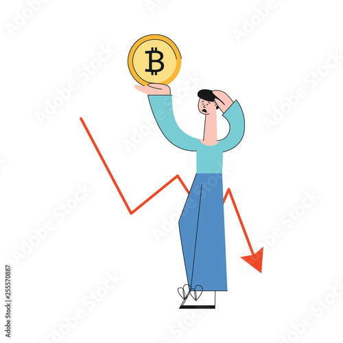 Vector sad man bitcoin decrease trend flat