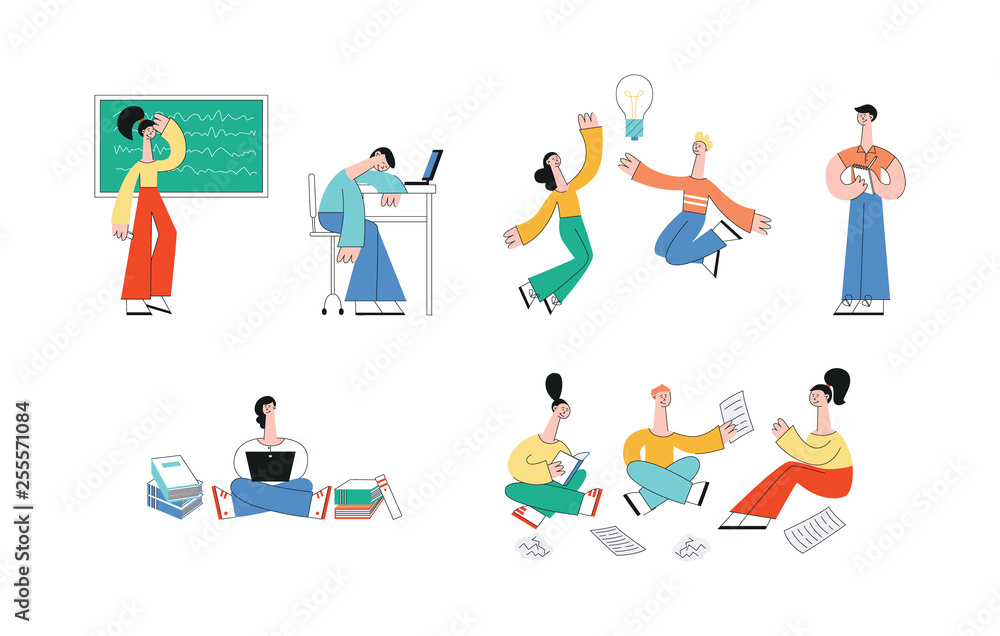 Vector happy teen man girl students jump with book