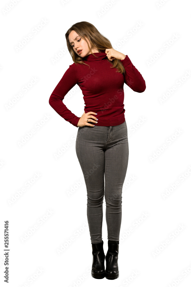 A full-length shot of a Teenager girl with turtleneck with tired and sick expression over isolated white background A full-length shot of a Teenager girl with turtleneck with tired and sick expression over isolated white background