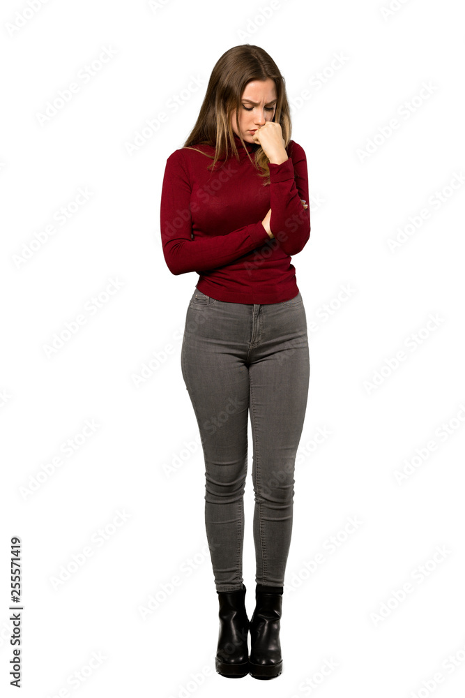 A full-length shot of a Teenager girl with turtleneck having doubts over isolated white background A full-length shot of a Teenager girl with turtleneck having doubts over isolated white background