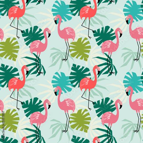 Flamingo and tropical leaves seamless pattern.