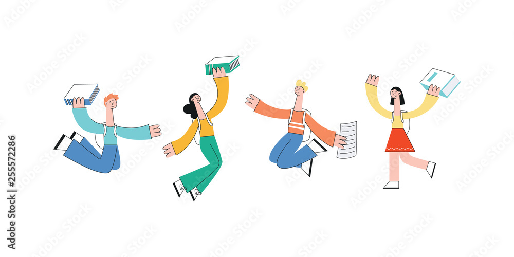 Vector happy teen man girl students jump with book Vector happy teen man girl students jump with book