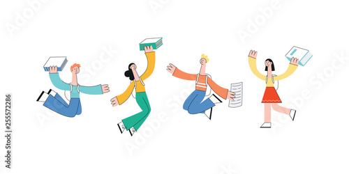 Vector happy teen man girl students jump with book