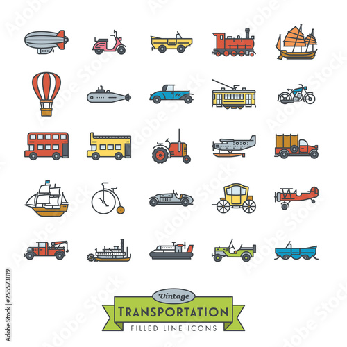 Collection of vintage transportation vehicles vector icons. Filled Outline Style.