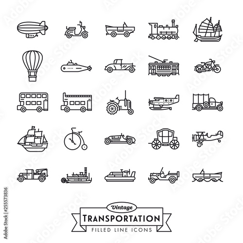 Collection of vintage transportation vehicles vector icons. Flat Outline Style.