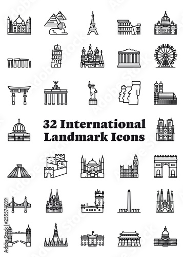 Set of 36 internationa landmark icons. Travel, tourism and sightseeing illustrations