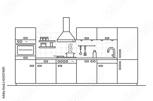 Kitchen interior line art vector illustration