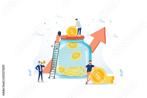 Money Savings Concept. Business People Characters Investing Money on Bank Account. Moneybox, Safe Deposit, Banking.